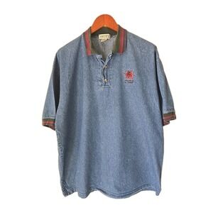 Vtg Ash City Mens XL Denim Polo Shirt Bull Logo Western Workwear Rugged 90s Blue